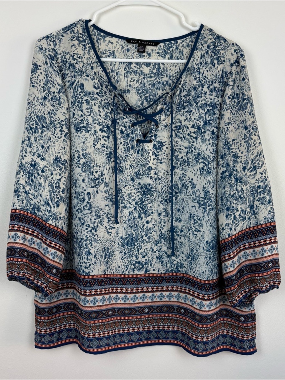 Zac & Rachel Blue & White Printed Peasant Tunic Large Lightweight Boho in EUC